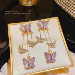 Enacolor Delicate Crystal Butterfly Dangle Earrings Long Tassel Elegant Female Girl Party Fashion Accessories 2024 New