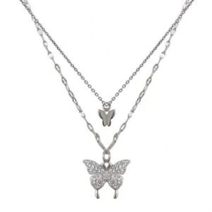 Enacolor Delicate Crystal Butterfly Double Pendant Necklace for Girl Accessories