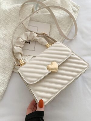 Ladies Fashion Handbag Small Fresh Girl Crossbody Bag Ruffled Handbag Love Heart Design Metal Decoration PU Material
