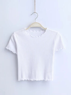 Vintage Wood ears O neck Short sleeve T-shirt 2023 New Woman Slim Fit t shirt tight tee Summer Retro Tops 6 colors