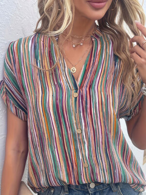 Plus Size Casual Blouse, Women’s Plus Stripe Print Button Decor Short Sleeve Notched Neck Blouse