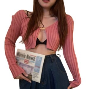 Cardigan for Women Long Sleeve Sexy Blouses V Neck Low Cut Slim Fit Crop Top Casual T Shirt Knitted Shirt
