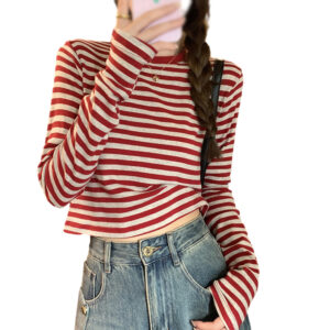 Stripped Print Tops for Women Spring Autumn Long Sleeve Crew Neck Patchwork T Shirt Blouse Sunscreen Clothing