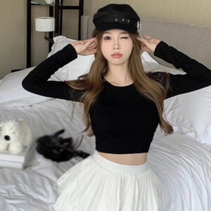Summer Long Sleeves Crop Top Backless Hollow out Slim Sexy Women’s Tops Solid Colour Expose Navel O Neck