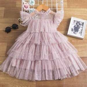 Little Girls Party Dresses Flying Sleeves Solid Child Clothes 2024 New Girl Birthday Sequins Princess Dress for 3-8Y Kids Summer