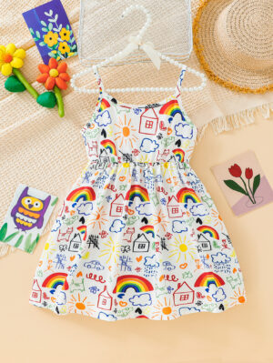 Summer Dress for Children Girl Suspenders Cartoon Pattern Dress Cute Birthday Party Daily Casual Clothes for Kids Girl 3-7 Years
