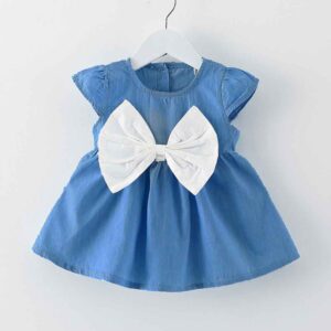 Big Bowknot Toddler Children Dress Solid Denim Baby Vestido Casual Infants Clothing Summer Tutu Kids Clothes for Girls 1-6years