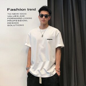 New Front and Back Letter Printed Short Sleeved Men’s Summer Trend 100% Pure Cotton High-quality Round Neck Fitness T-shirt