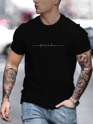 Men’s Summer Loose Size 100% Cotton Freedom Graphi Print Casual Slim Fit Round Neck Short Sleeve T-shirt Top 42303