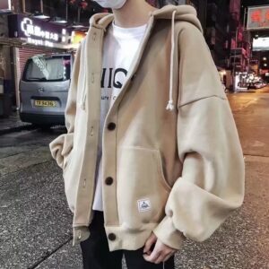 Hong Kong style autumn Korean style oversize youth cardigan Hong Kong style hooded sweater loose thickened fleece jacket men’s fashion
