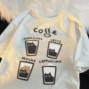 American retro trendy cat graphic T-shirt casual round neck men and women summer loose couple short sleeved top harajuku y2k