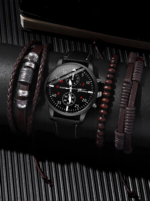 4pcs Fashion Business Casual Men’s Belt Quartz Watch with PU Woven Bracelet Set