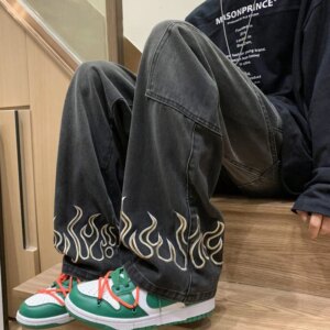 2024 Fashion Flame Embroidery Men’s Jeans Neutral Wide Leg Denim Trousers Loose Straight Jeans Youth Casual Baggy Hip Hop Pants