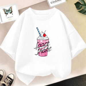 2023 Summer New Cute Strawberry Milk Shake T-Shirt Girls Harajuku Graphic Tee Kids Short Sleeve Cotton Tops