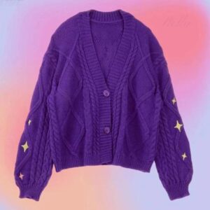 Women Loose Knitted Cardigans Coat Y2K Star Embroidery Sweaters Vintage Purple Streetwear Casual Single Breasted Long Sleeve Top