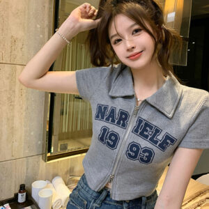 2024 New Summer Women Vintage Zipper Short Sleeved T-shirts Lady Korean Style Streetwear Clothes Female Letter Printing Top