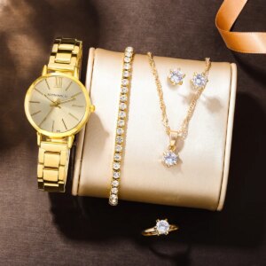 6 PCS New Luxury Love Rhinestone Jewelry Ladies Ring Necklace Earrings Bracelet Set Simple Digital Steel Strap Quartz Watch