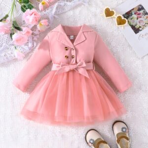 Dress For Kids 9 Months – 5 Years old Long Sleeve Solid color Cute Tulle Button Princess Formal Dresses with Belt For Baby Girl