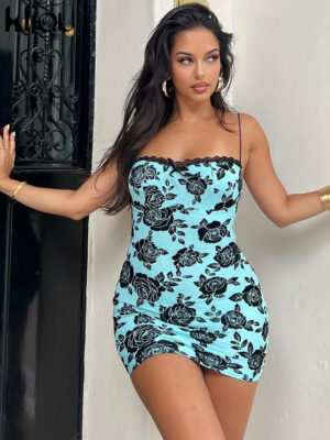Kliou Rose Print Lace Patchwork Mini Dress For Women Backless Spaghetti Strap Sensual Sexy Seaside Vacation Female Party Bodycon