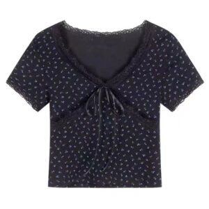Korean Kawaii Lace Patchwork Women T-shirt Y2K Aesthetic Vintage Floral Top Bow Knot V-neck Short Sleeve Crop Top Elastic Slim