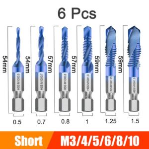 6pcs M3M10 Screw Tap Drill Bits Hss Tap Counter Sink Deburr Metric High Speed Steel 1/4 IN Quick Change Hex Tool For Woodworking