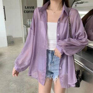 Summer Women Thin Shirts Loose Chiffon Long Sleeve Sun Protection Shirt Solid Korean Beach Holiday Ladies Tops Prevent Mosquito