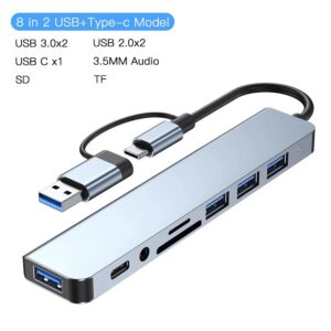 2 in 1 7/8 Port USB Hub Type C Multiport Adapter Splitter USB3.0 2.0 for MacBook Air Dell Lenovo Aluminium Docking Station