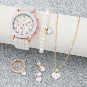 6PCS/Set Women’s Watches Casual Silicone Band Analog Quartz Watch Heart Pearls Jewelry Set(Without Box)