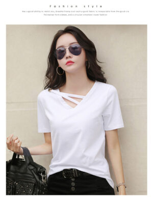 Sexy V-neck Solid Design Short Sleeve Tops Korean Casual Trendy Top Women New 2024 Summer Popular T Shirt for Women