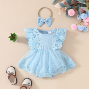 Baby’s Lace Flower Embroidered Mesh Dress, Solid Color Lovely Sleeveless Dress, Infant & Toddler Girl’s Clothing For Summer