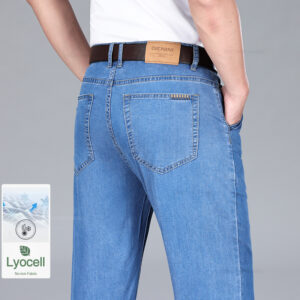 Lyocell Ice Silk Summer Thin Jeans Men’s Classic High Waist Drape Loose Straight Denim Pants Business Casual Smoke Gray Trousers
