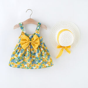 2Pcs/Set Flowers Baby Girl Dresses Summer Fashion Toddler Children Clothes Beach Smooth Dress Kid’s Costume Hat 0 To 3 Y