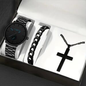 3Pcs Men’s Casual Simple Business Three-eye Digital Pointer Steel Band Quartz Watch Fashion Cross Necklace Bracelet Set