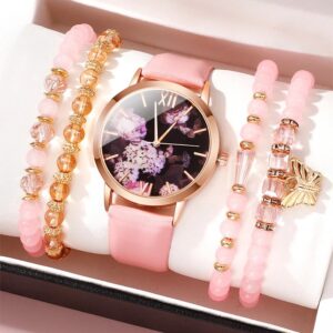 5PCS Pink Watches Bracelet Set Ladies Fashion Casual Dress Watches Luxury Brand Design Leather Strap Analog Quartz Wristwatches