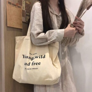 Women Canvas Shopping Bag Casual Large Capacity Letters Print Female Shoulder Bag Eco Handbag Tote Reusable Grocery Shopper Bags