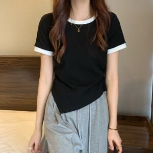 Patchwork Colors Crew Neck Crop Top Women Fashion Niche Design Short Sleeve Tee Y2K Streetwear New Summer Top Women