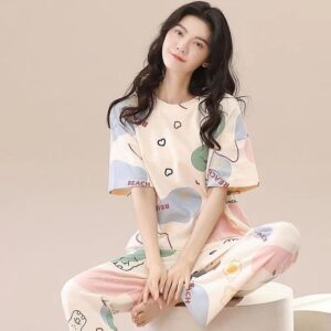 New Pajamas Homewear Suit Women’s Summer Short-Sleeved Long Pants Ladies Large Size Loose Leisure Homewear Two-Piece Set