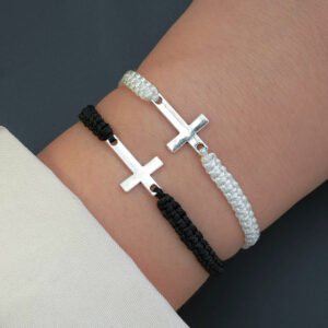 Trendy Black White Cross Bracelets for Women Men Faith Baptism Couple Gift Silver Color Rope Chain Matching Bracelets Jewelry