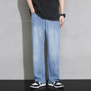 Summer 100% Lyocell Cozy Jeans Men Soft Fabric Elastic Waist Denim Trousers Male Clothes Korea Baggy Straight Casual Pants