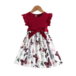 Set For Kids Girl 3-7 Years old Ruffled Sleeve Butterfly Floral Tulle Cute Princess Formal Dresses with Belt Ootd For Baby Girl