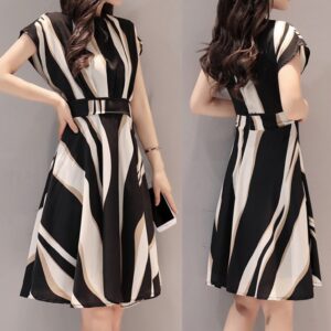 Female Elegant Print Dresses Sleeveless Casual Skirt Fashion Women Business Dress Belt O-Neck Short Sleeve Knee Length Dress
