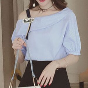Women Top Fashion Stripe Cold Shoulder Tops Shirt Single Shoulder Short Sleeve Loose Blouse