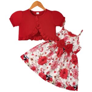 2PCS Children Girls Clothes Set Sling Floral Dress Solid Short Sleeves Overcoat Costume Summer Dress for Kids Girl 1-6 Years
