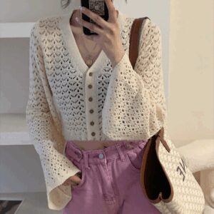 Button Front Pointelle Knit Cardigan Sheer Crochet V Neck Bell Sleeve Sweater for Women Spring Summer Casual Outfit