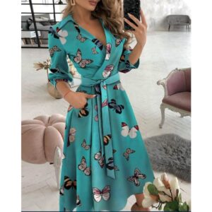 Spring/Summer Women’s Long Sleeved Commuter Dress Fashion V-neck Belt Solid Color and Printed Dress Casual Loose Fit Dress