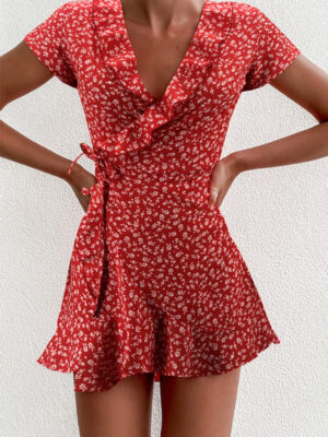 Summer WomenΓÇÖs Floal A-Line Dress Sweet Elegant Floral Ruffles V-neck Bandage Short Dress for Lady Chic Flowers Mini Dress