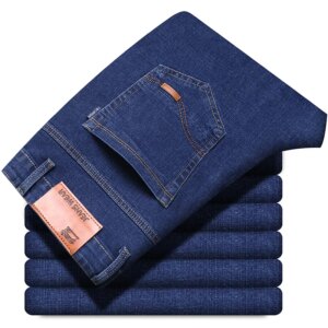 Classic Style Men Brand Jeans Business Casual Straight Stretch Slim Denim Pants Light Blue Black Trousers Male Size 28-40