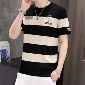 New Ultra-Thin Ice Silk Breathable Short Sleeve Summer Men’s Round Neck Striped Slim Fashion Hip Hop Casual T-Shirt XL-XXXL
