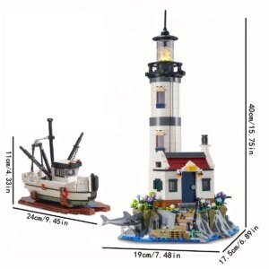 1677PCS Lighthouse Building Blocks City Street View With LED Light Shrimp Boat Beacon Model Bricks Toys For Kids Adult Gifts