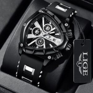 LIGE Men Watch Luxury Business Quartz Watches Silicone Strap Sport Chronograph Men’s Wristwatch Waterproof Luminous Triangle sh